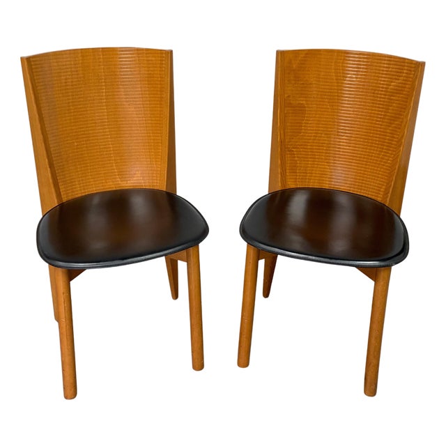 Pair of 1980s Italian Postmodern Calligaris Sculptural Wood & Black Leather Chairs For Sale