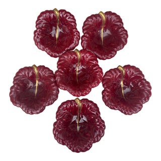 1950s Mid-Century Modern Red Majolica Leaf Dish Vallauris - Set of 6 For Sale