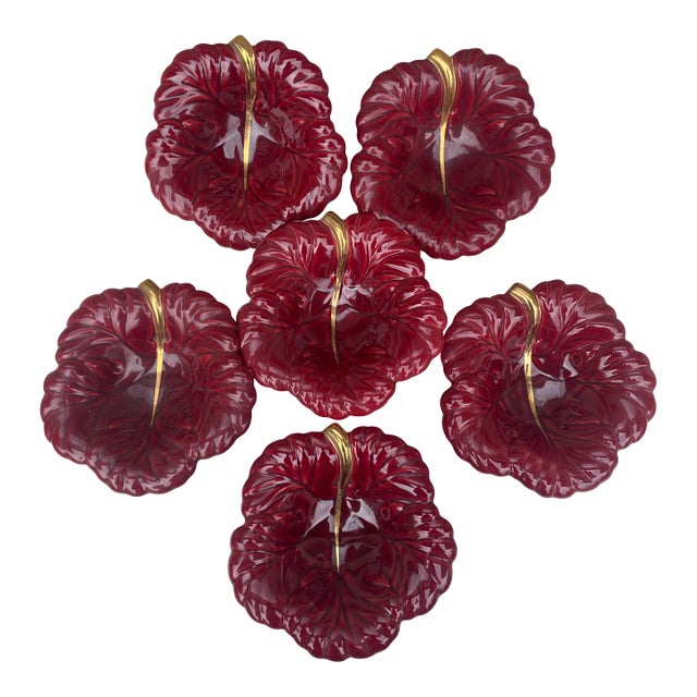 1950s Mid-Century Modern Red Majolica Leaf Dish Vallauris - Set of 6 For Sale