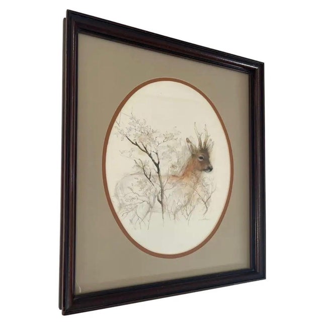Vintage Original Wood Framed and Signed Deer and Tree Artwork. For Sale In Seattle - Image 6 of 10