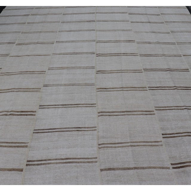 Large Vintage Paneled Kilim Flat-Weave Stripe in Neutral Tones of Cream & Brown 12'2 X 14'8 For Sale - Image 4 of 12