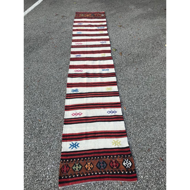 Vintage Anatolian Hand Woven Runner2' X 12'2"Black White Colorful
