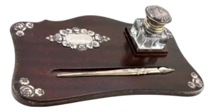 Wooden Inkwell with Floral Motifs, Silver Tank and Pen