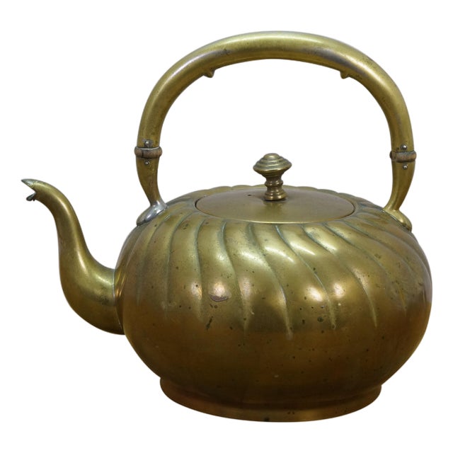 Antique Art Nouveau Secessionist Swirled Brass Tea Coffee Pot Teapot Kettle 9.5" For Sale