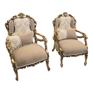 French Louis XV Accent Armchair – Cream Damask Upholstery Velvet With Gilded Gold Leaf Frame For Sale