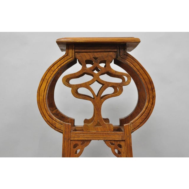 Vintage French Art Nouveau Style Carved Teak Pedestal Plant Stand Side Table For Sale - Image 4 of 18