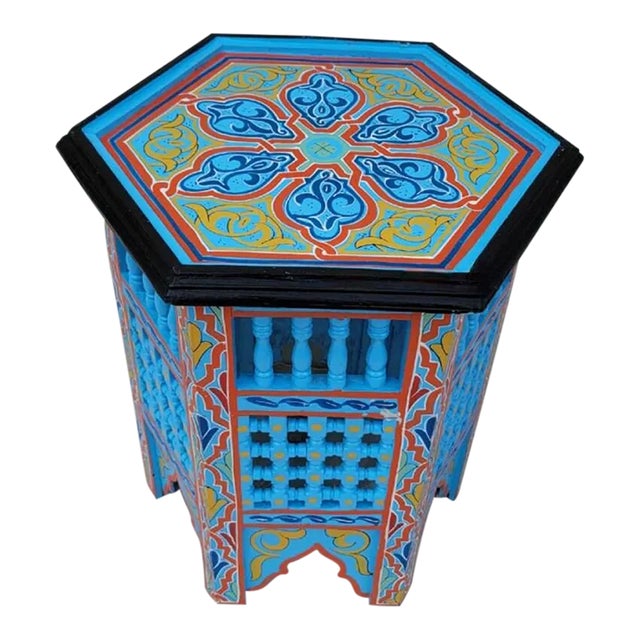 Moroccan Hexagonal Wooden Hand Painted Side Table in Musharabi Light Blue For Sale