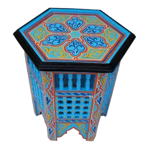Moroccan Hexagonal Wooden Hand Painted Side Table in Musharabi Light Blue