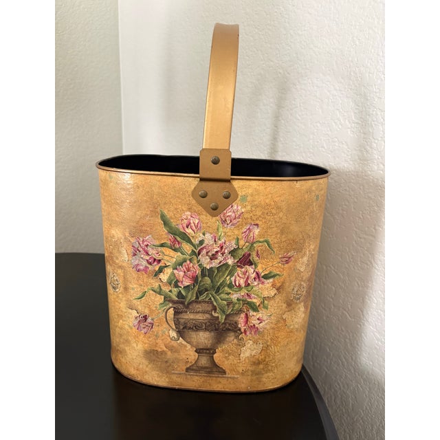 Gold Floral Metal Basket With Swing Handle – Hollywood Regency Style For Sale - Image 4 of 12