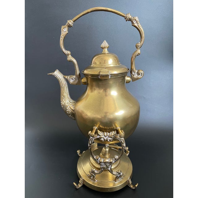 Antique Ornate Brass Tilting Teapot With Stand and Warmer For Sale - Image 4 of 15
