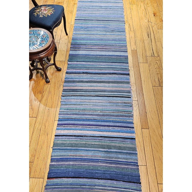 Blue Antique American Amish Rag Runner, Handwoven Wool & Cotton, Stripe Pattern, 3x26 For Sale - Image 8 of 18