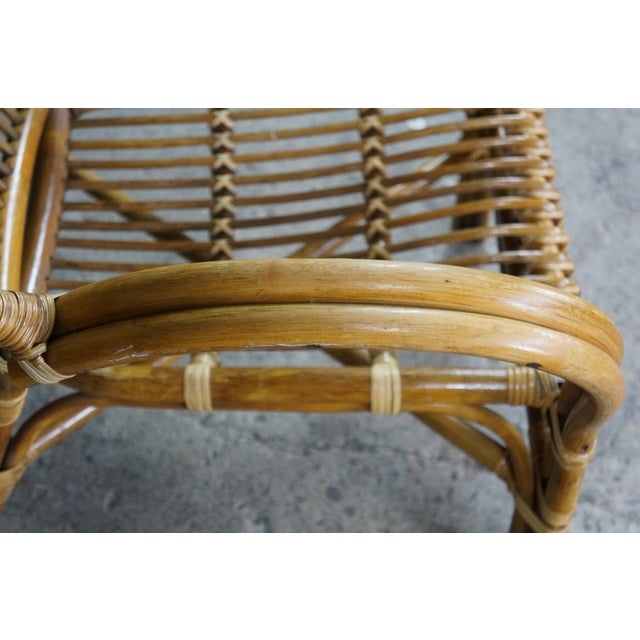 Pair Mid Century Modern Rattan Bamboo Armchairs Boho Sunburst Fan Back Chairs For Sale - Image 14 of 18