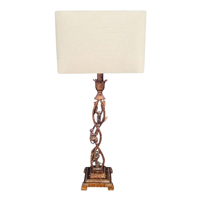 Vintage Tall Tortoiseshell Finish 3 Monkeys Climbing Table Lamp With Rectangular Shade For Sale