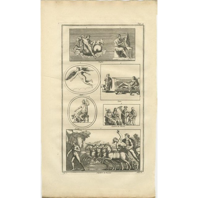 Apollo, Muses and Mythological Reliefs, Classical Antiquity Engraving, 1721 This detailed antiquarian engraving presents a...