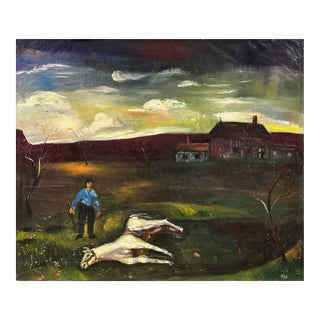 Revington Arthur (1908-1986) - Vintage Outsider Dark Landscape With Figure and Dead Horse (Ca. 1945, Oil on Canvas) For Sale