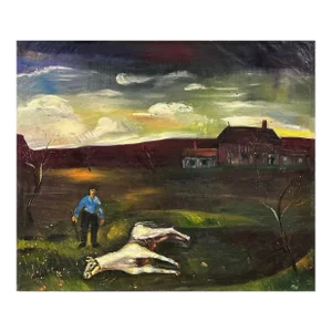Revington Arthur (1908-1986) - Vintage Outsider Dark Landscape With Figure and Dead Horse (Ca. 1945, Oil on Canvas)