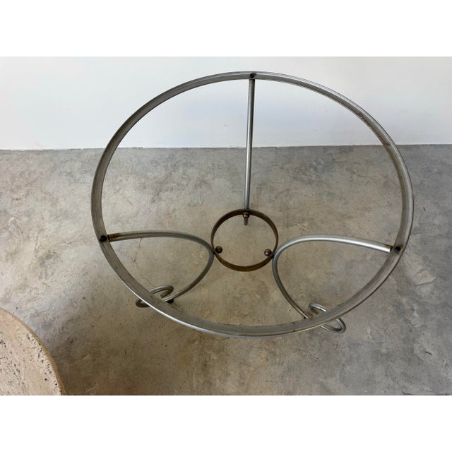 1960s Italian Hollywood Regency Maison Jansen–Style Chrome & Brass Accent Table With Travertine Marble Top For Sale - Image 5 of 12