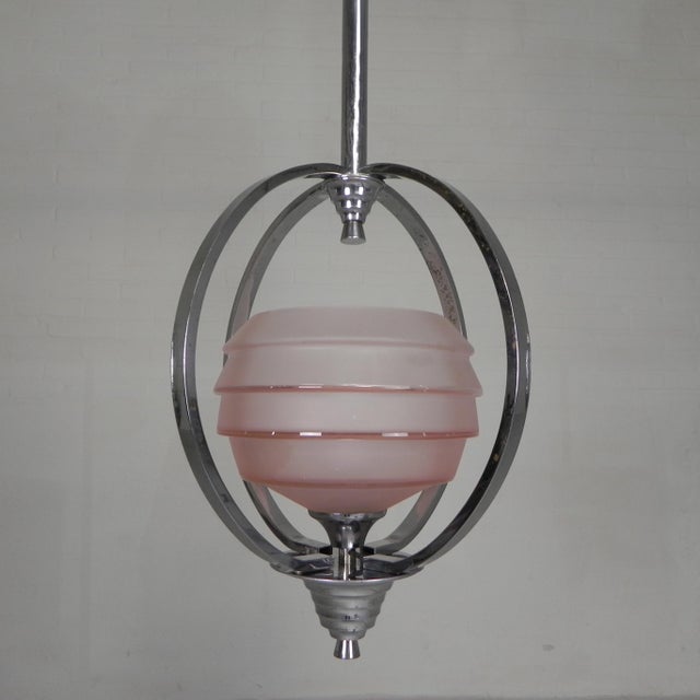 Pink Art Deco Pendant Lamp with Glass Shade and Chrome Frame, 1930s For Sale - Image 8 of 18