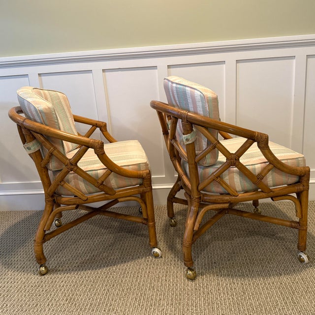 Ficks Reed Mid 20th Century Ficks Reed Chippendale Armchairs on Castets (Set of Two) For Sale - Image 4 of 11