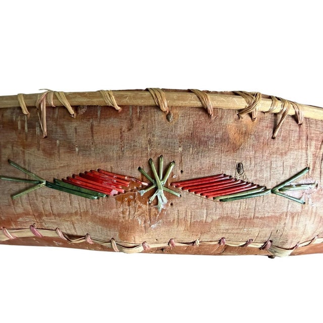 Brown 1900s Birch Bark Canoe Model With Quillwork Design For Sale - Image 8 of 10