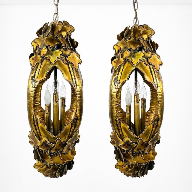 1970s Torch Cut Brass Brutalist Chandelier by Tom Greene for Feldman For Sale - Image 10 of 15
