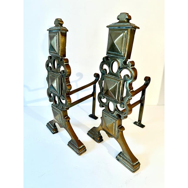 Gold Pair Brass Geometric Andirons For Sale - Image 8 of 9