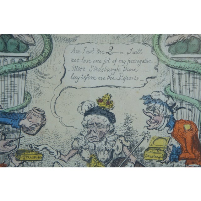 Wood Early 19th Century Antique George Cruikshank John Bull in the Council Chamber Satirical Engraving, Framed For Sale - Image 7 of 12