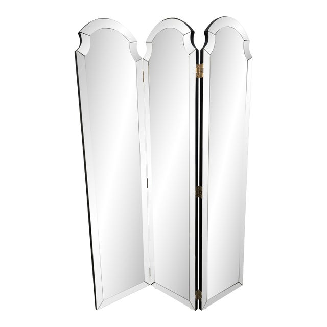 Hollywood Regency Three-Panel Mirrored Folding Screen For Sale