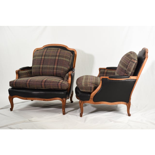 New Ralph Lauren Plaid Tartan Wool and Leather on Vintage Louis XV-Style Versailles Library Chairs - 2 Pieces For Sale - Image 16 of 18