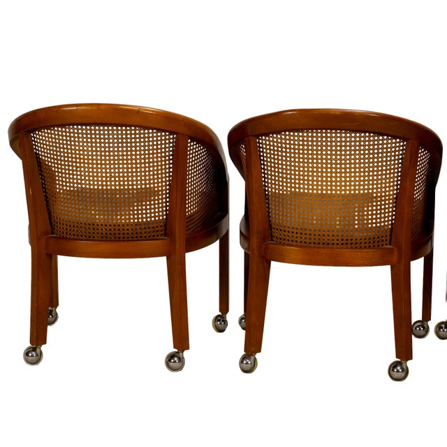 1970s Set of 4 Bent Oak & Cane Tub Chairs on Casters W/ Royal Blue Cushions in the Manner of Ward Bennett For Sale - Image 13 of 18
