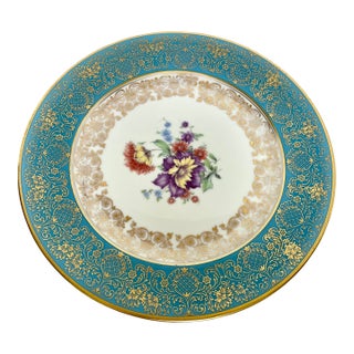 Vintage 1930s Rosenthal Germany Turquoise & Gold Encrusted Porcelain Dinner Plate For Sale