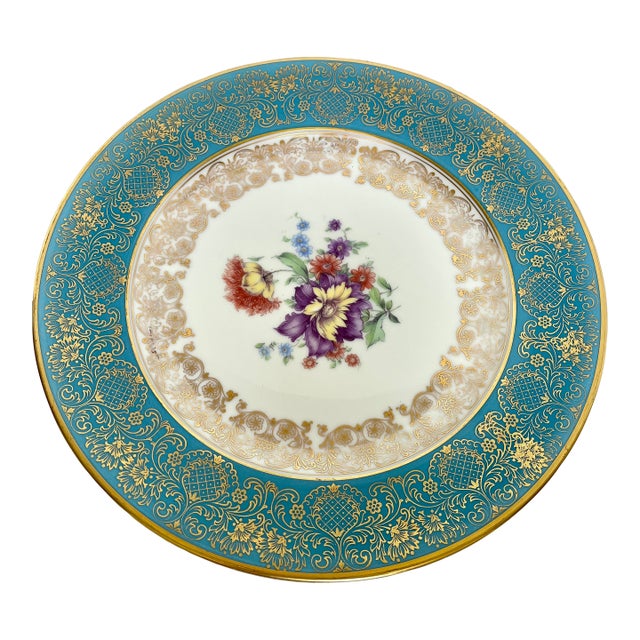 Vintage 1930s Rosenthal Germany Turquoise & Gold Encrusted Porcelain Dinner Plate For Sale