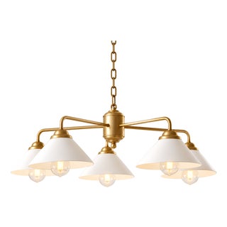 Handcrafted Brass 5-Light Chandelier With White Cone Shades, Dining Room Chandelier, Kitchen Island Lighting, For Sale