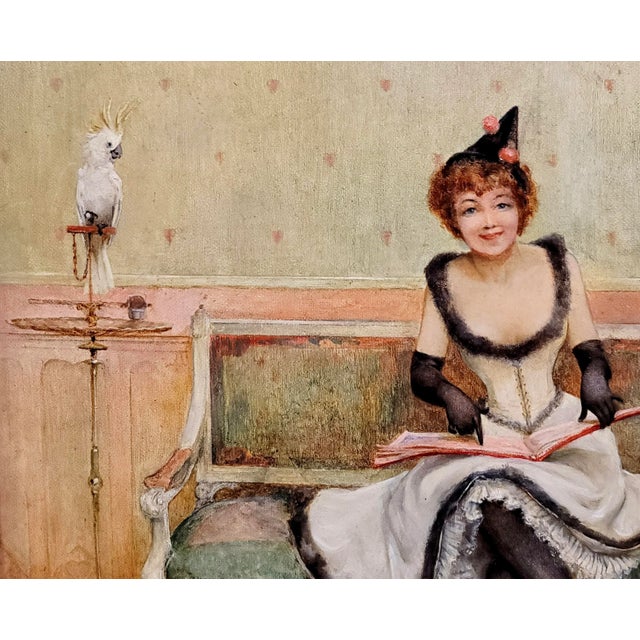 English Edward Reed -Female Entertainer With White Parrot -C.1895 Oil Painting For Sale - Image 3 of 10