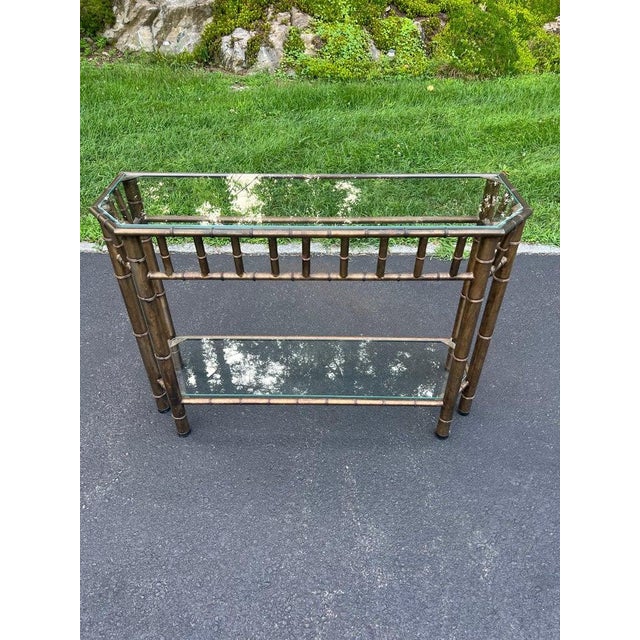 Faux Bamboo Bronze Metal And Glass Sofa Table. Solid well made sofa table in the Palm beach regency style . Perfect size...