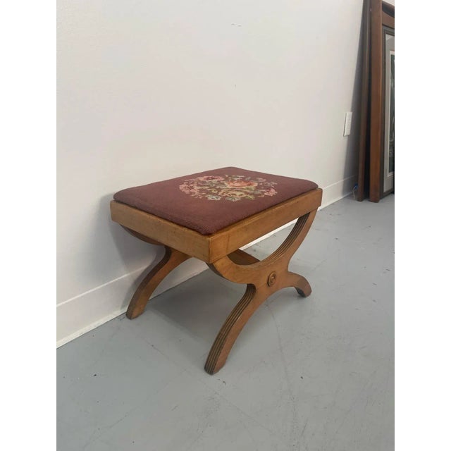 Wood 1970s Vintage Needlepoint Embroidery Footstool With Floral Motif For Sale - Image 7 of 10