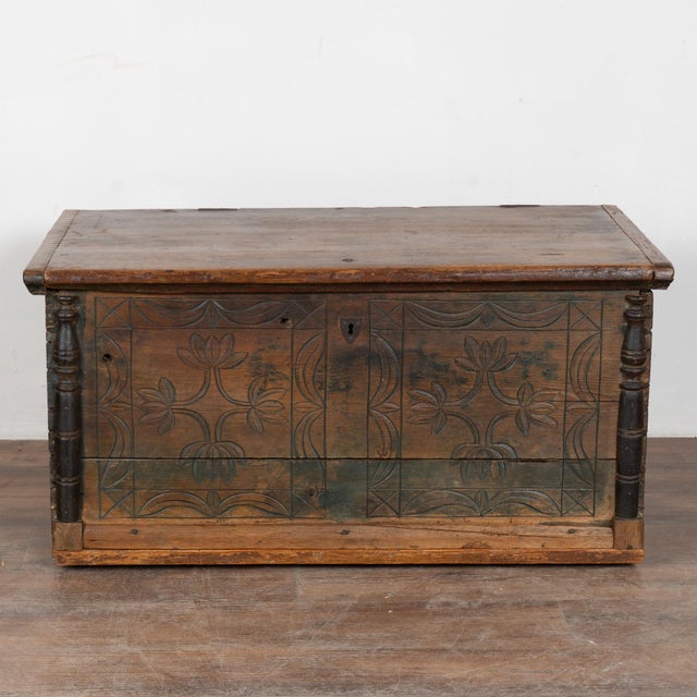 Hungarian Carved Pine Flat Top Trunk Dated 1848 For Sale - Image 4 of 15