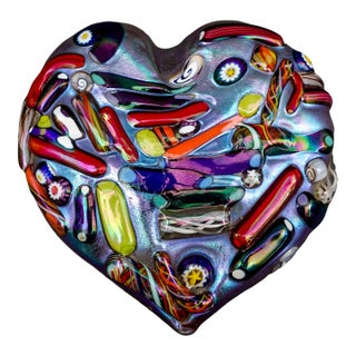 Bruce Fruend Signed Iridescent Millefiori Heart Hand Blown Art Glass Paperweight For Sale