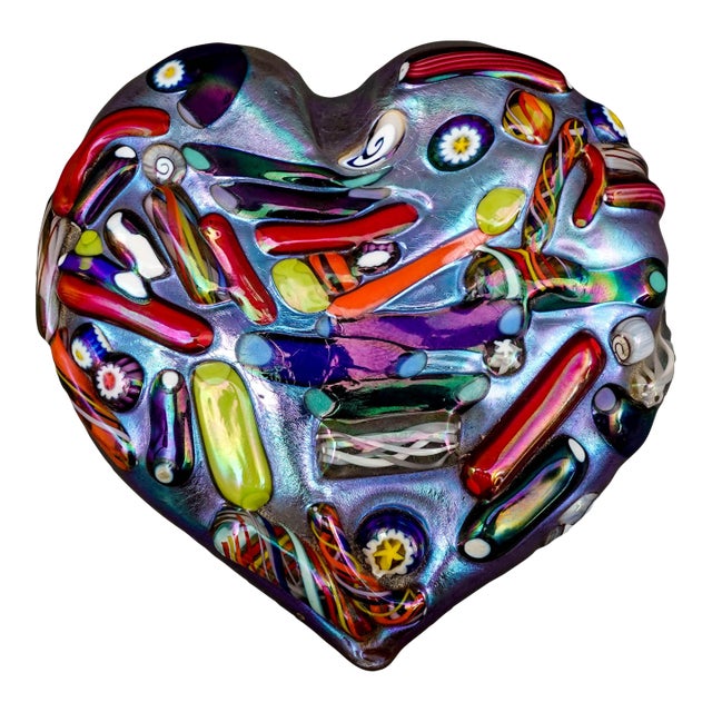 Bruce Fruend Signed Iridescent Millefiori Heart Hand Blown Art Glass Paperweight For Sale