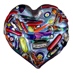 Bruce Fruend Signed Iridescent Millefiori Heart Hand Blown Art Glass Paperweight