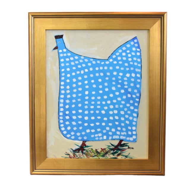 2020s Original Blue Folk Art Chicken Hen Painting by Ruth Arenz Including the Antiqued Gold Wood Fame For Sale - Image 5 of 5
