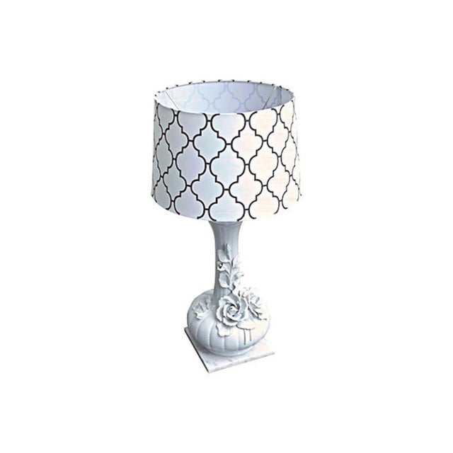 Vintage Italian porcelain rose lamp with new flocked lattice design shade. Genie bottle shaped porcelain base with adorned...