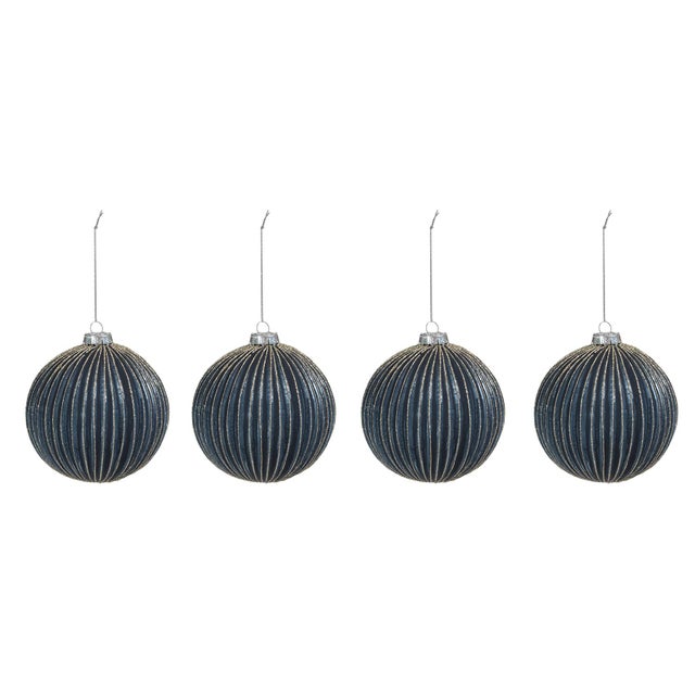 Modern Ridged Blue Glass Ball Ornament with Glitter, Set of 4, 4.75" For Sale - Image 3 of 3