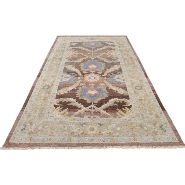 Contemporary Brown Modern Floral Sultanabad Handmade Wool Rug For Sale - Image 3 of 9