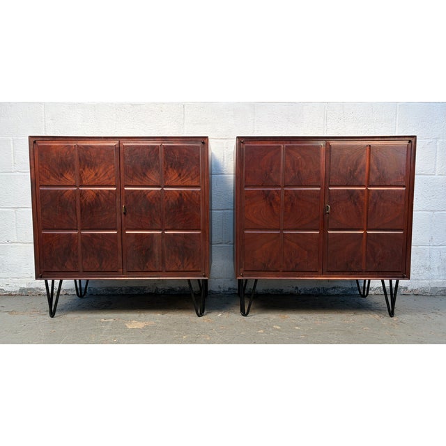 Mid-Century Modern Mid 20th Century Modern Burled Walnut Cabinets on Hairpin Legs, A Pair For Sale - Image 3 of 14