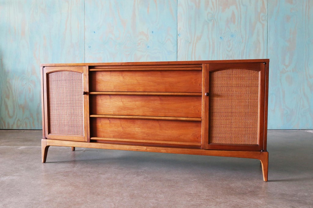 1960s Lane Rhythm Walnut and Cane Dresser Cabinet Credenza Mid