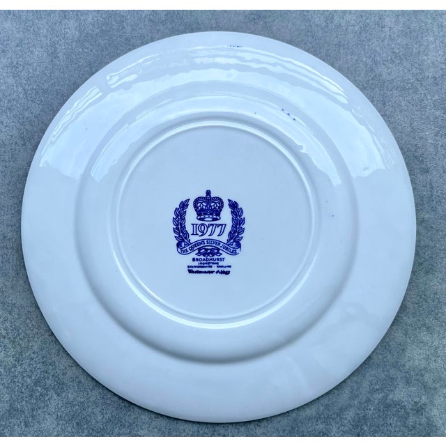 Vintage 1977 Silver Jubilee Queen Elizabeth II Commemorative Blue & White Broadhurst Tea Set: Teapot, Milk Jug, Tea Plate - Set of 3 For Sale - Image 16 of 18