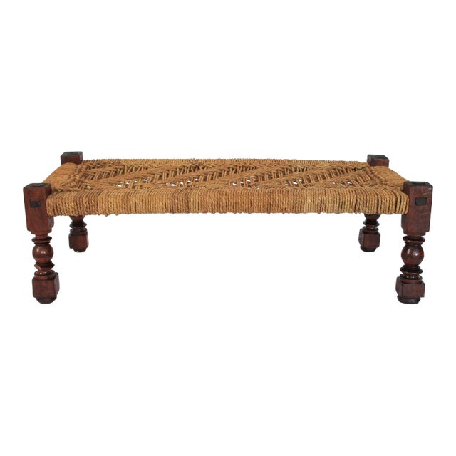 Vintage Low Wood Bench With Rope Seat For Sale
