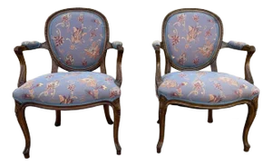 Mid 20th Century Pair of Vintage Louis XV Style Fruitwood Upholstered Armchairs