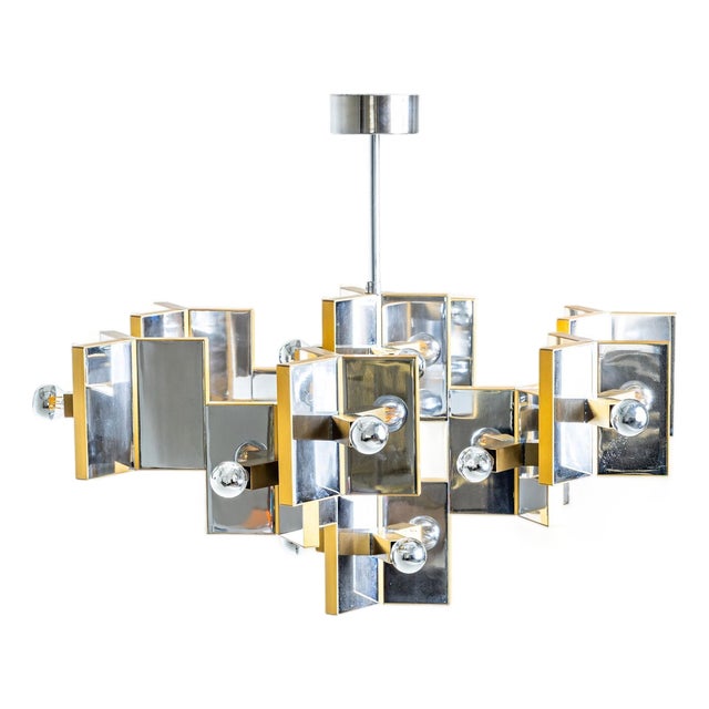 Chrome and Brass Chandelier by Gaetano Sciolari, Italy, 1970s For Sale